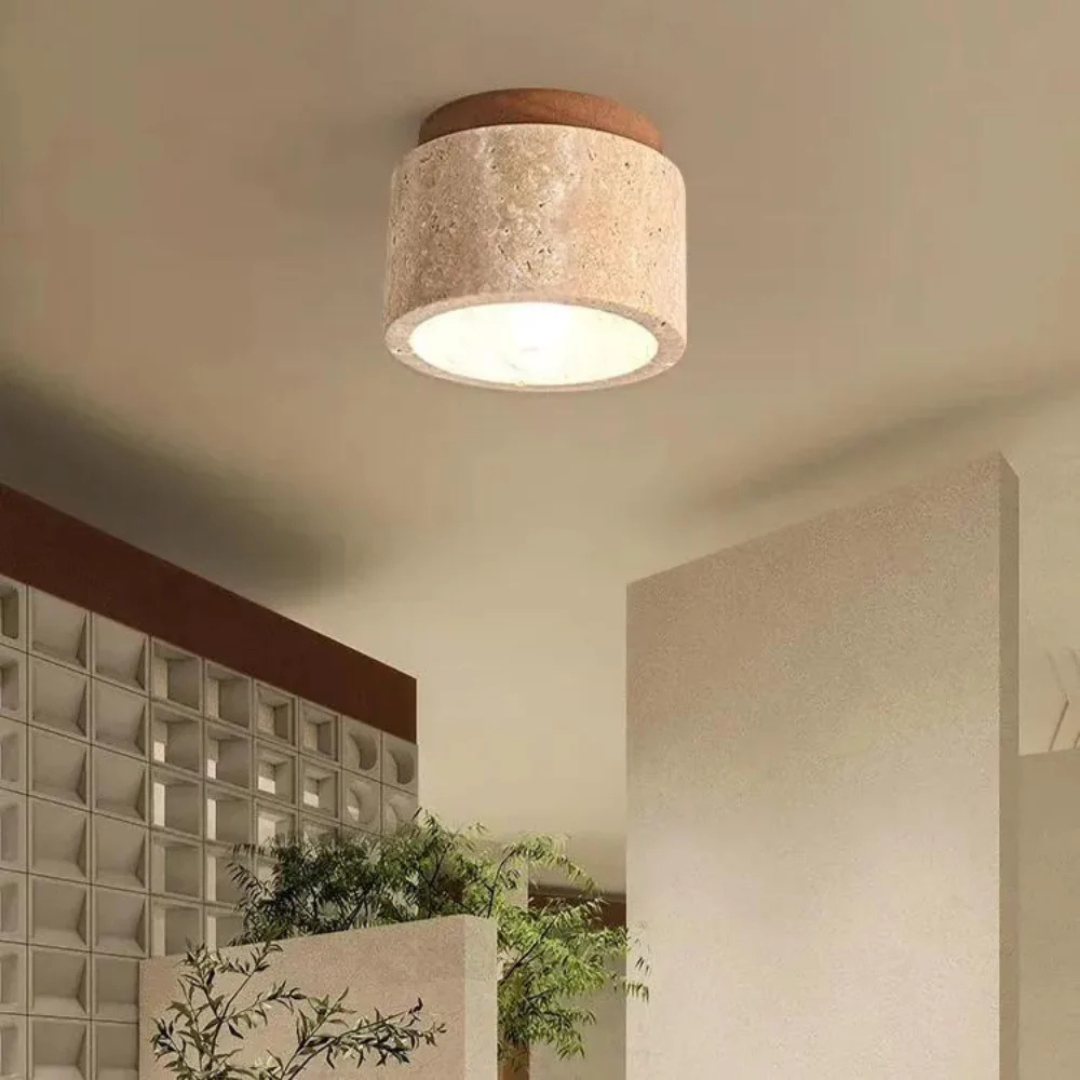 Radia - Cylindrical Travertine Ceiling Lamp with Wooden Accent